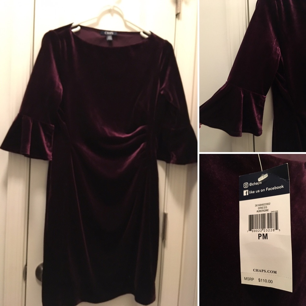 Purple velvet dress, bell sleeves, NWT, Petite M